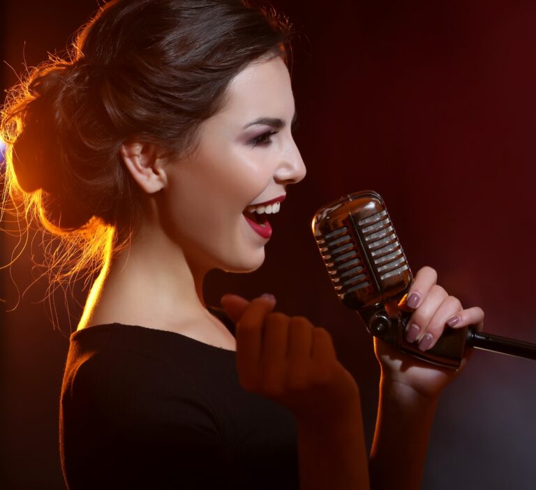 Jazz singer performing at a microphone
